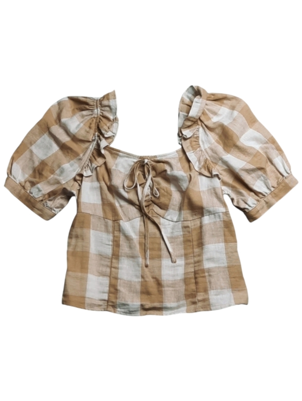 Who What Wear Linen Blend Plaid Ruffle Puff Sleeve Top SZ S